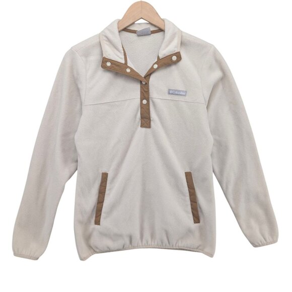 Columbia Snap Fleece Womens Cream Brown Trim Pockets Pullover Size S - Picture 1 of 8